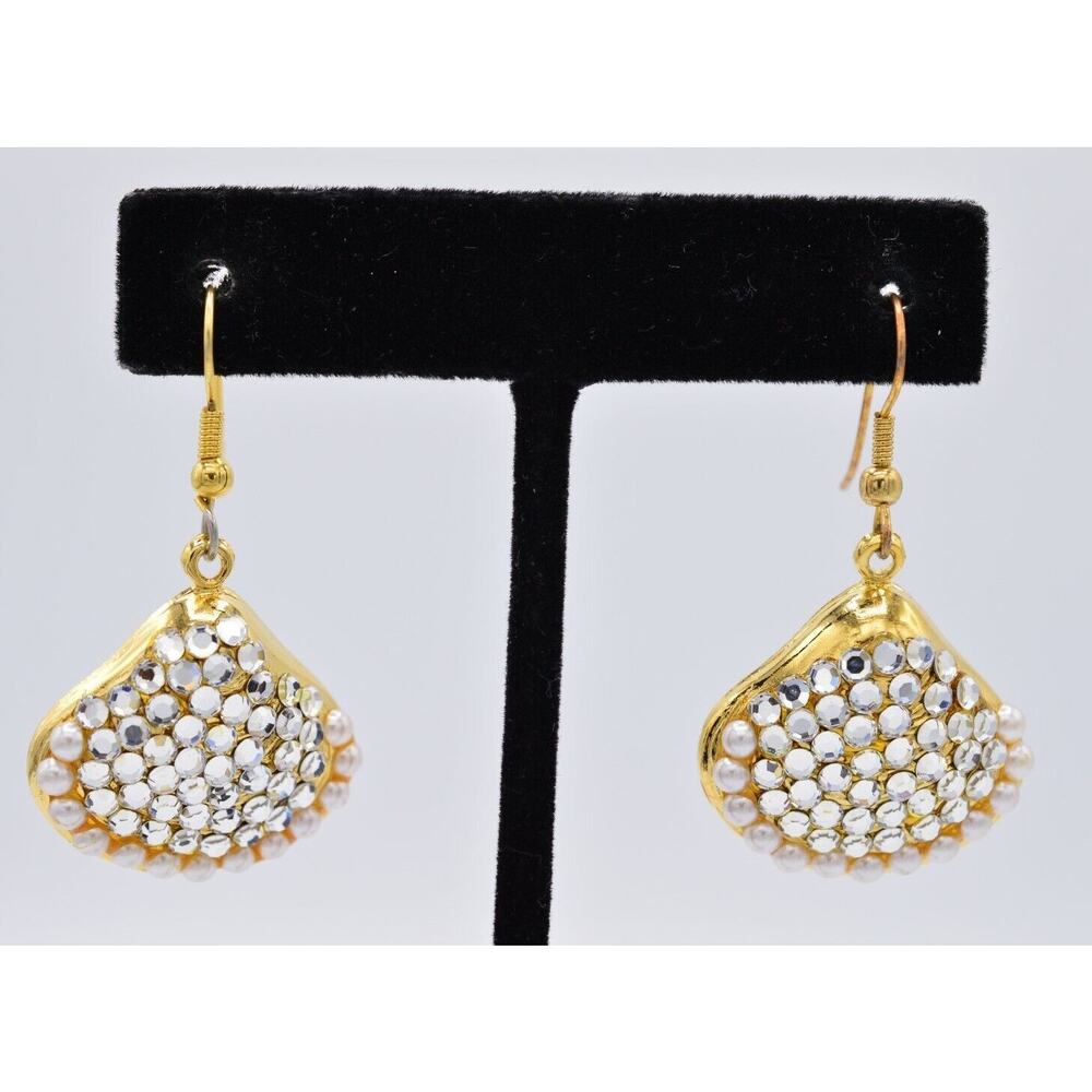 Vintage Crystal Shell Earrings Mermaid Rhinestone Gold Pearl Dangle Summer BinAF